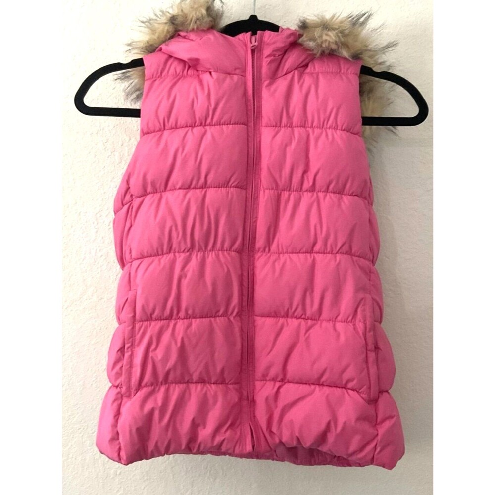Gap Kids Hooded Quilted Puffer Vest with Faux-Fur Trim, Pink, Size XXL